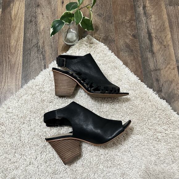 Vince Camuto Size 8.5 M Black Leather Woven Peep Toe Ankara Heels Sandals - Picture 4 of 8